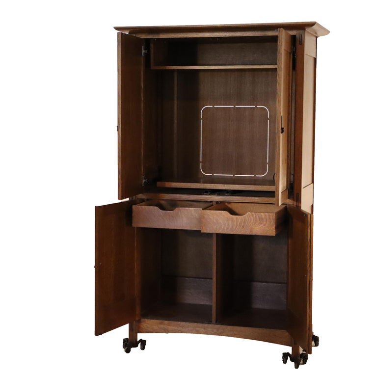 Vintage Stickley Arts & Crafts Oak & Hammered Copper Entertainment Cabinet
