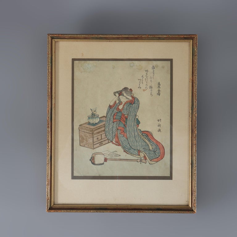 Antique Japanese Hokusai's Wood Block Print “Woman Doing Her Hair”