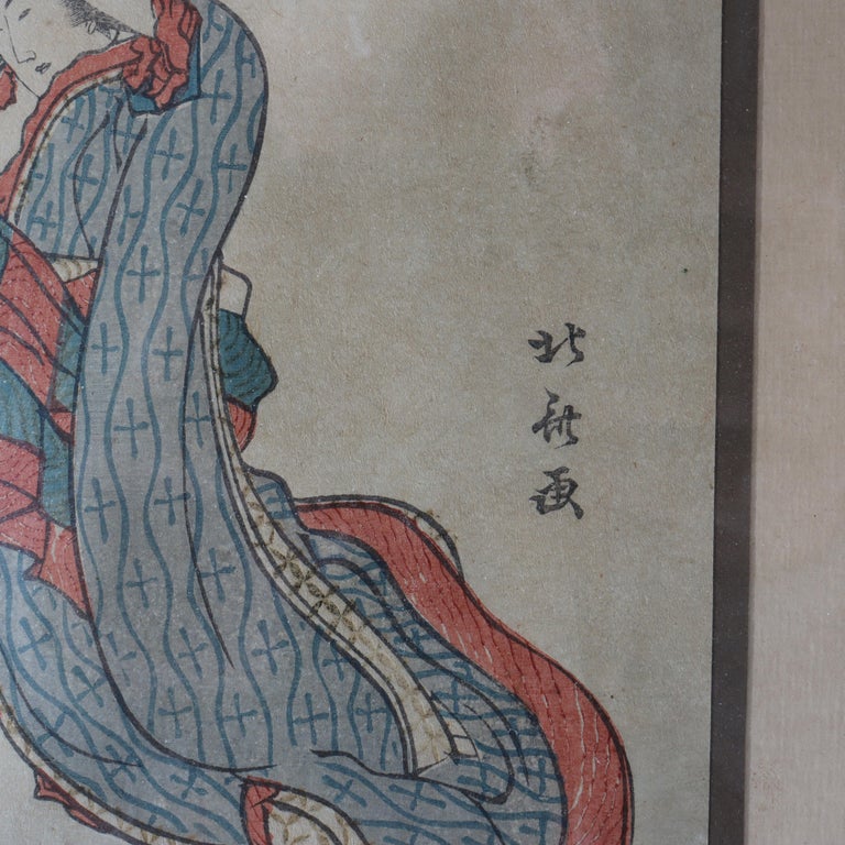 Antique Japanese Hokusai's Wood Block Print “Woman Doing Her Hair”
