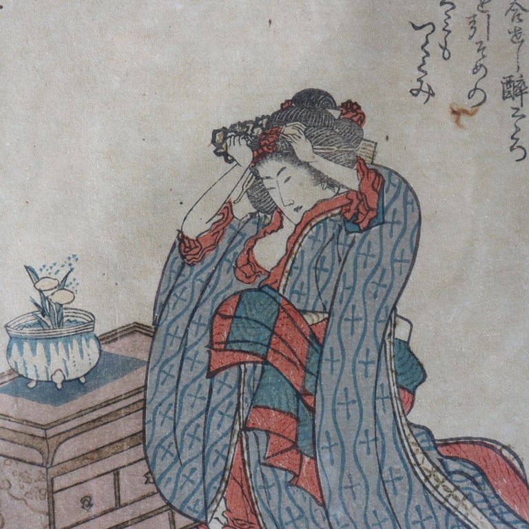 Antique Japanese Hokusai's Wood Block Print “Woman Doing Her Hair”