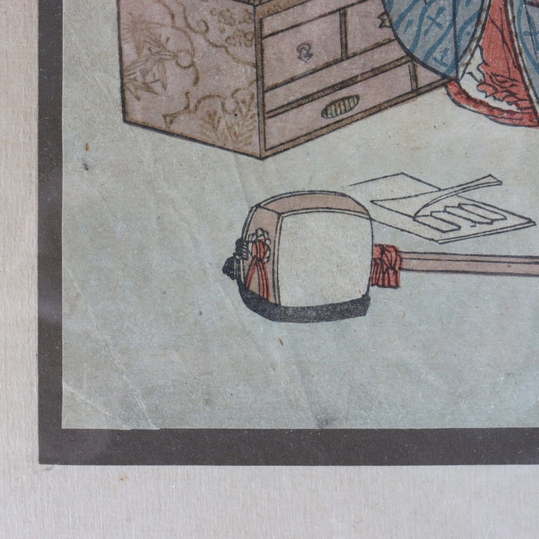 Antique Japanese Hokusai's Wood Block Print “Woman Doing Her Hair”