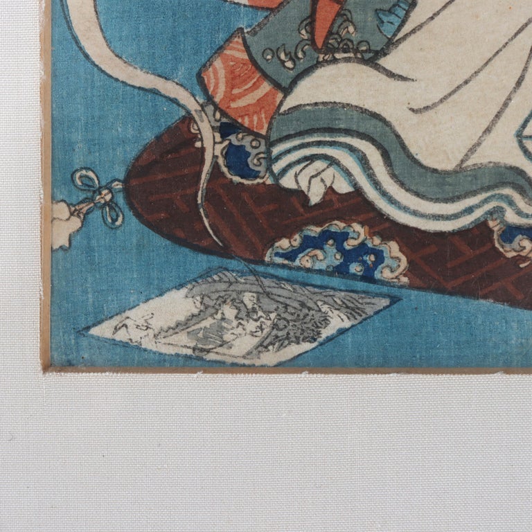 Antique Japanese Kuniyoshi's Wood Block Print “The Floating Bridge Of Dreams”