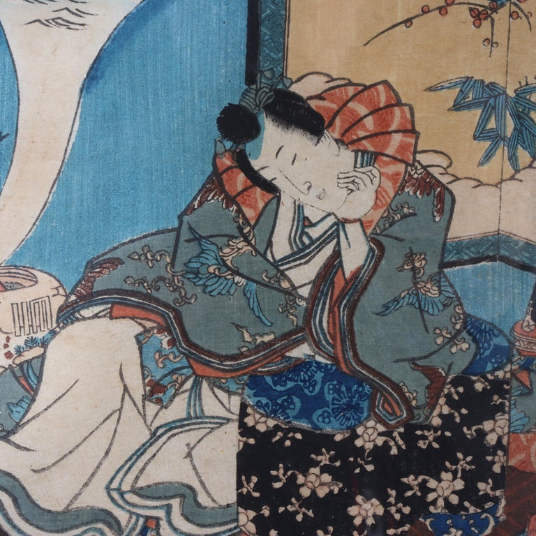 Antique Japanese Kuniyoshi's Wood Block Print “The Floating Bridge Of Dreams”
