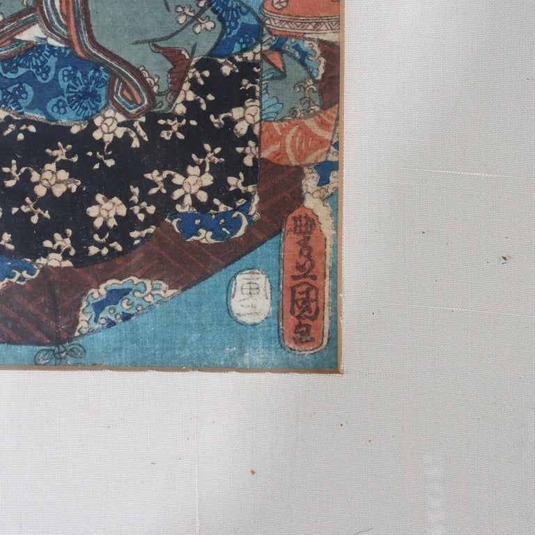 Antique Japanese Kuniyoshi's Wood Block Print “The Floating Bridge Of Dreams”