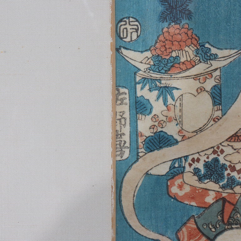 Antique Japanese Kuniyoshi's Wood Block Print “The Floating Bridge Of Dreams”