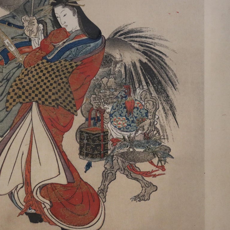 Antique Japanese Wood Block Print Of A Geisha Escorted By Shoki c1920