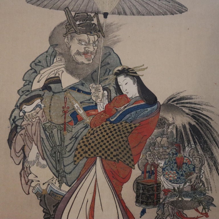 Antique Japanese Wood Block Print Of A Geisha Escorted By Shoki c1920
