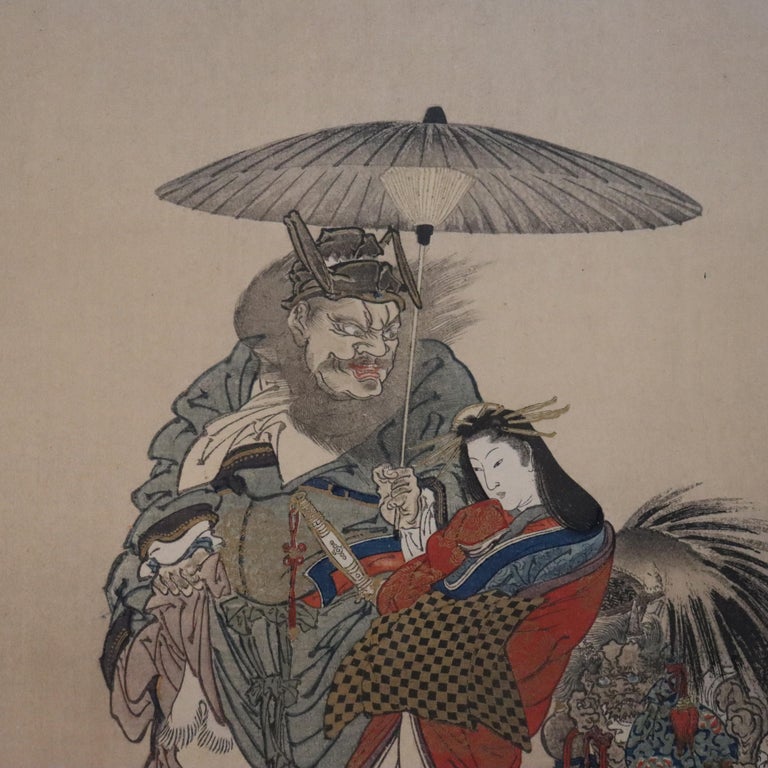 Antique Japanese Wood Block Print Of A Geisha Escorted By Shoki c1920