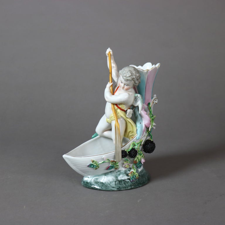 Antique Figural Porcelain Vase with Cherub in Boat & Blackberry Garland C1890