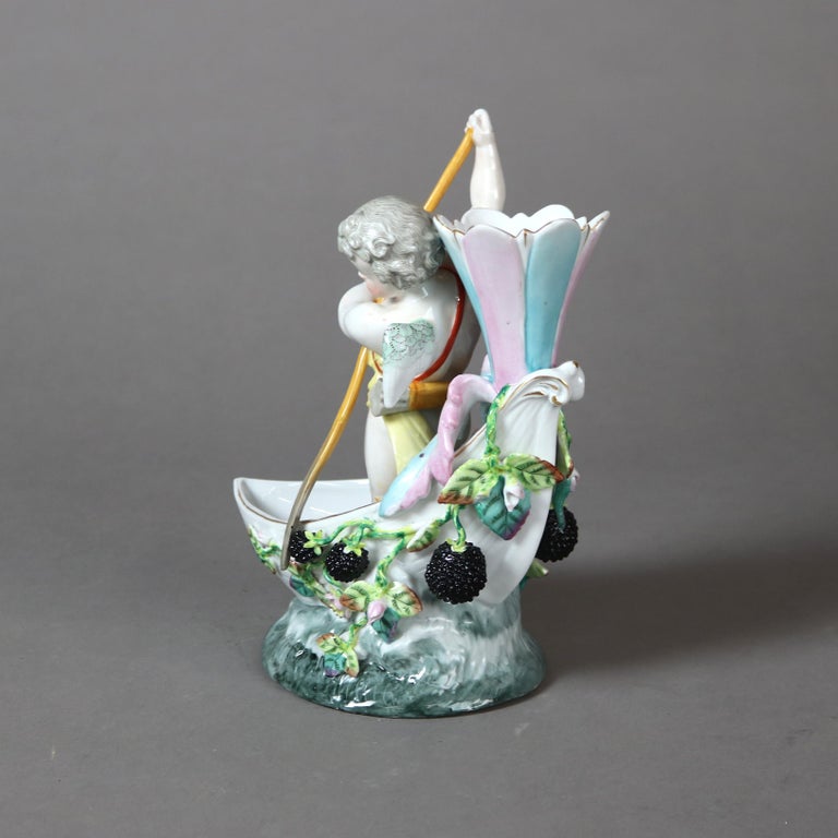 Antique Figural Porcelain Vase with Cherub in Boat & Blackberry Garland C1890