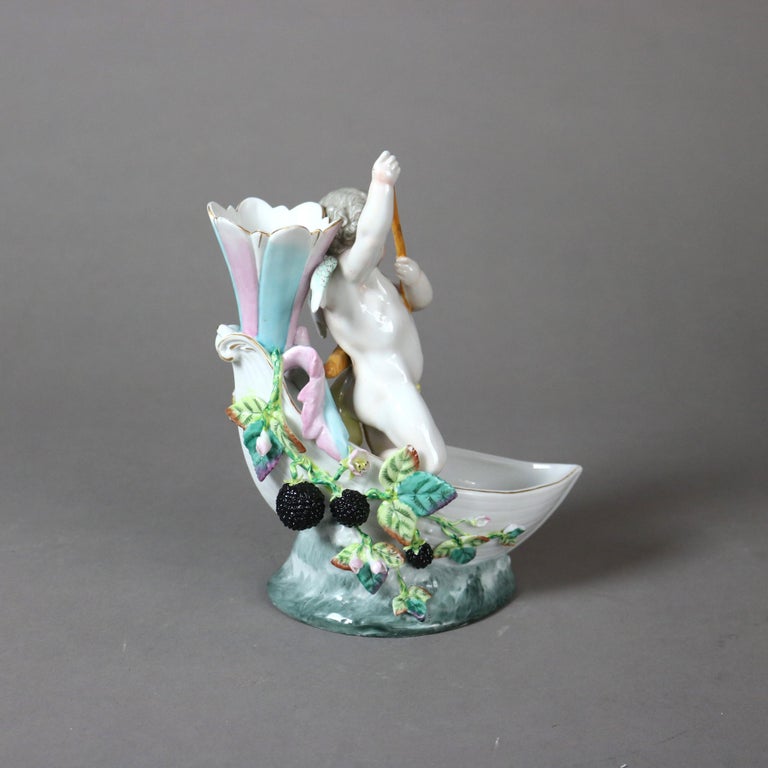 Antique Figural Porcelain Vase with Cherub in Boat & Blackberry Garland C1890