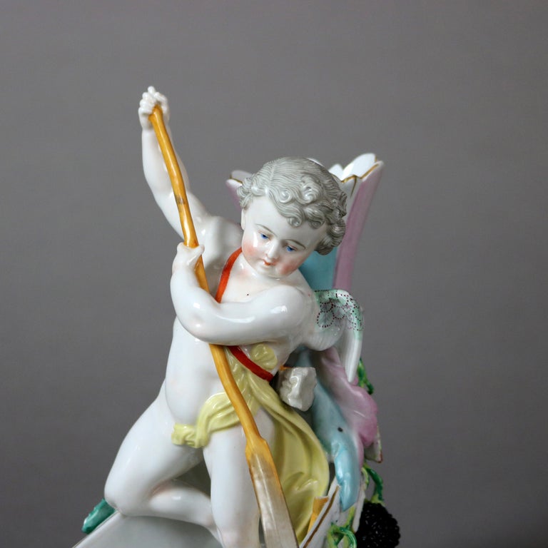 Antique Figural Porcelain Vase with Cherub in Boat & Blackberry Garland C1890