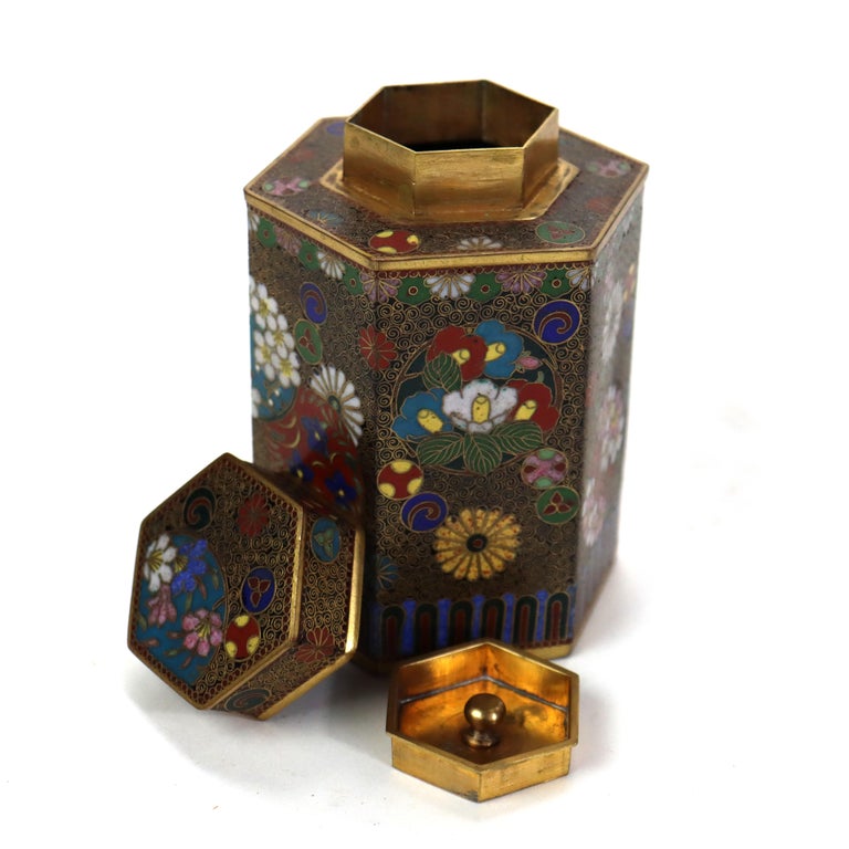Antique Chinese Cloisonne Enameled Tea Caddy with Garden Flowers C1900