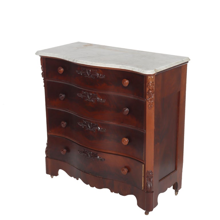 Antique Carved Flame Mahogany Serpentine 4-Drawer Marble Top Dresser