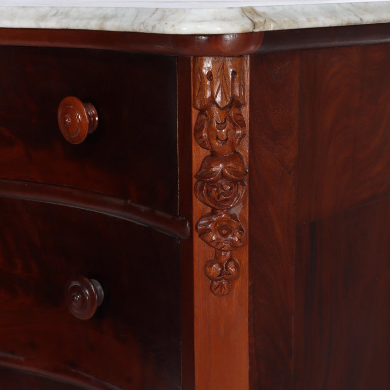 Antique Carved Flame Mahogany Serpentine 4-Drawer Marble Top Dresser