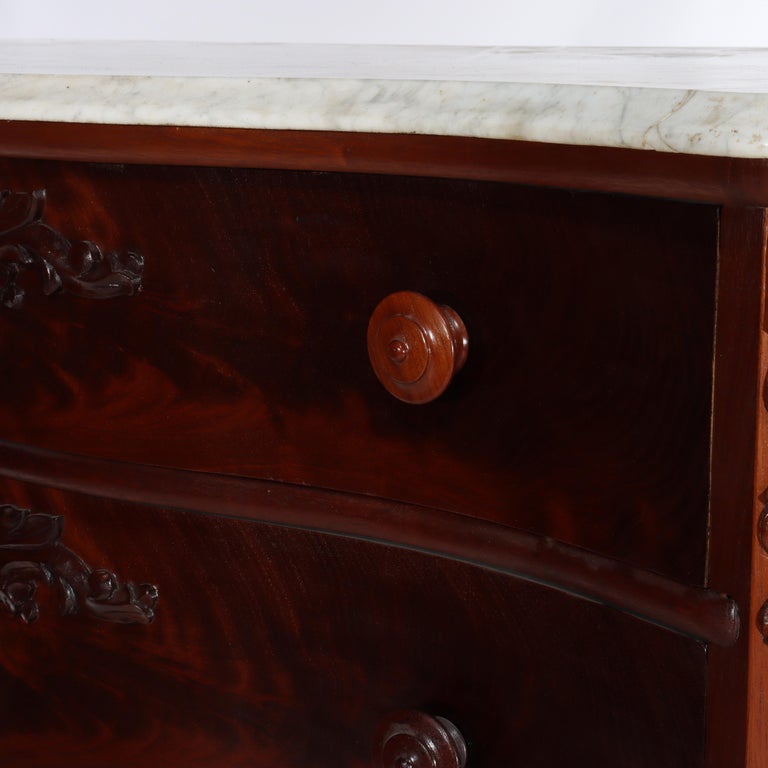 Antique Carved Flame Mahogany Serpentine 4-Drawer Marble Top Dresser