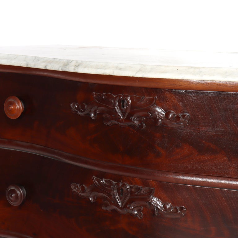 Antique Carved Flame Mahogany Serpentine 4-Drawer Marble Top Dresser