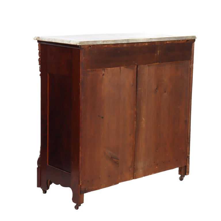 Antique Carved Flame Mahogany Serpentine 4-Drawer Marble Top Dresser