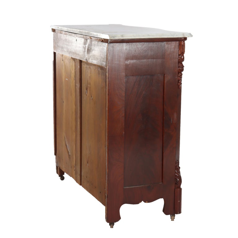 Antique Carved Flame Mahogany Serpentine 4-Drawer Marble Top Dresser