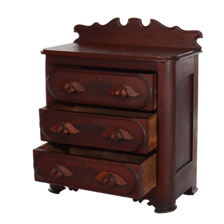 Antique Rococo Walnut 3-Drawer Commode With Back Splash & Carved Pulls