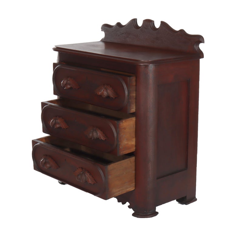 Antique Rococo Walnut 3-Drawer Commode With Back Splash & Carved Pulls