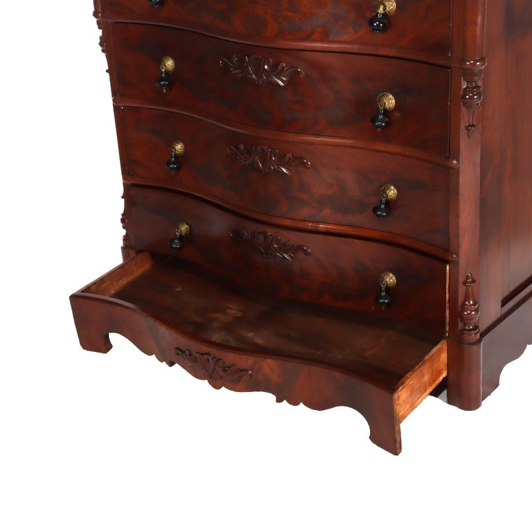 Renaissance Revival Flame Mahogany Serpentine 4-Drawer Marble Top Dresser