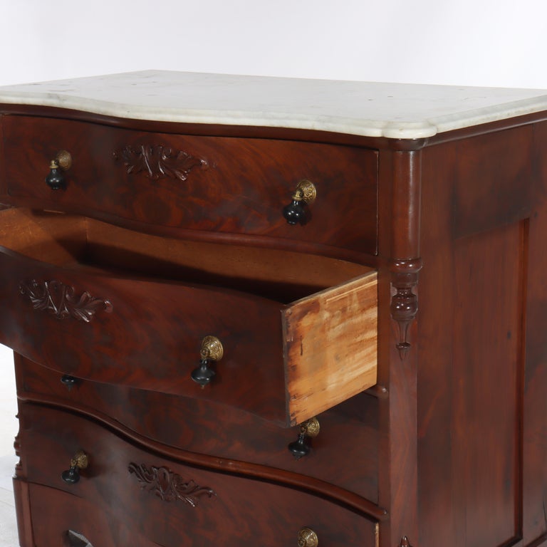 Renaissance Revival Flame Mahogany Serpentine 4-Drawer Marble Top Dresser