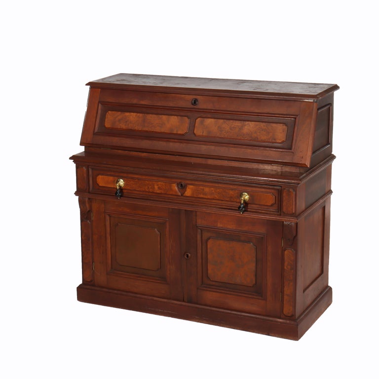Antique Walnut & Burl Drop Front Desk With Teardrop Pulls c1880