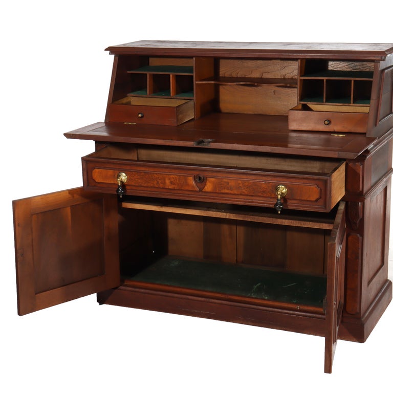 Antique Walnut & Burl Drop Front Desk With Teardrop Pulls c1880