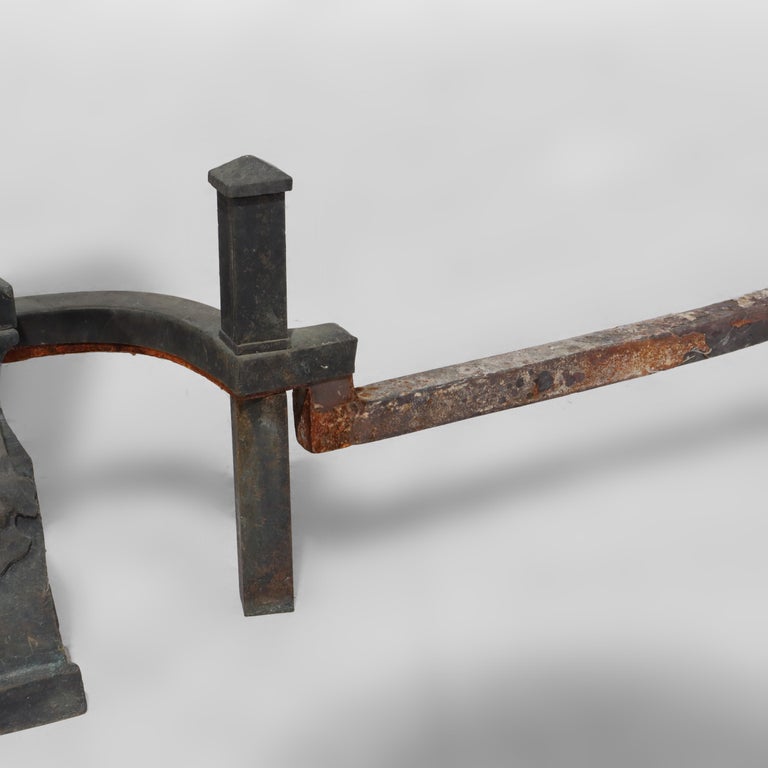Pair of Antique Arts & Crafts Hammered Copper & Wrought Iron Andirons c1910