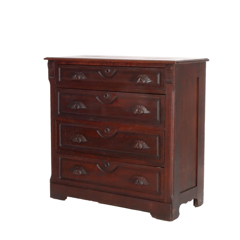 Antique Walnut 4-Drawer Dresser With Carved Pulls C1890