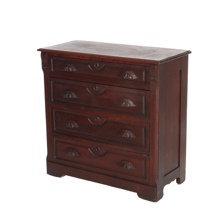 Antique Walnut 4-Drawer Dresser With Carved Pulls C1890