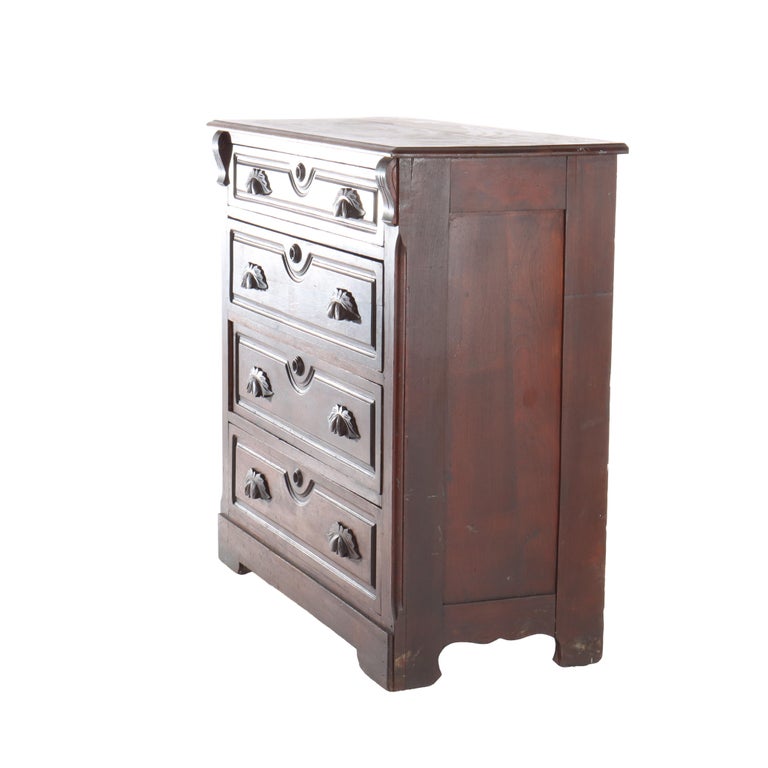 Antique Walnut 4-Drawer Dresser With Carved Pulls C1890