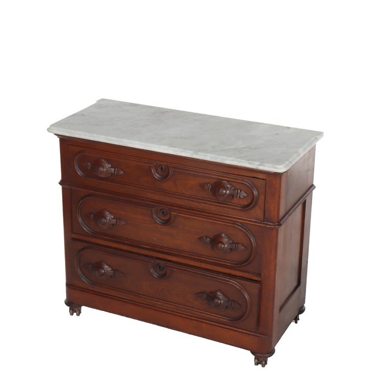 Antique Walnut 3-Drawer Marble Top Commode With Carved Pulls c1890