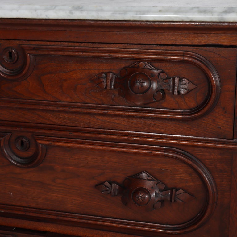 Antique Walnut 3-Drawer Marble Top Commode With Carved Pulls c1890