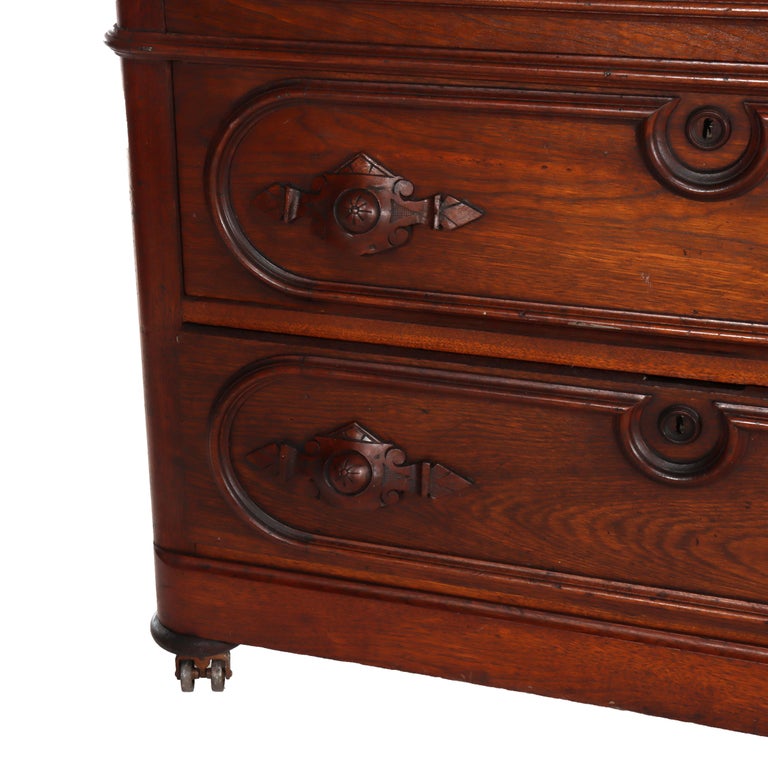 Antique Walnut 3-Drawer Marble Top Commode With Carved Pulls c1890