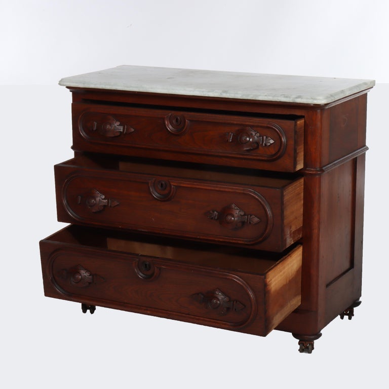 Antique Walnut 3-Drawer Marble Top Commode With Carved Pulls c1890