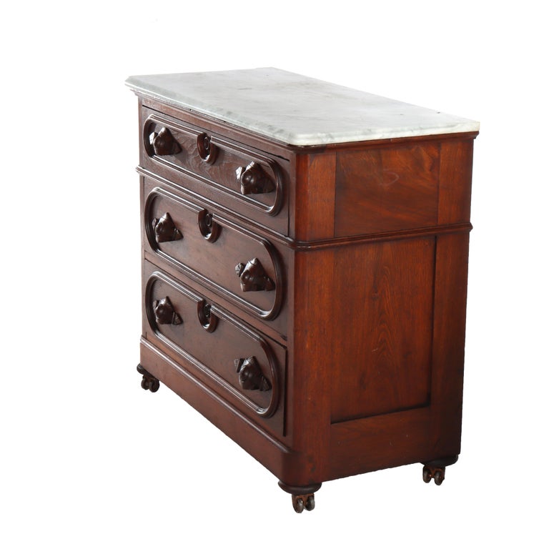 Antique Walnut 3-Drawer Marble Top Commode With Carved Pulls c1890