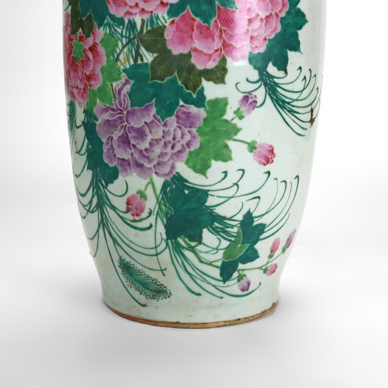 Antique Chinese Pottery Tall Vase With With Floral & Calligraphy c1890