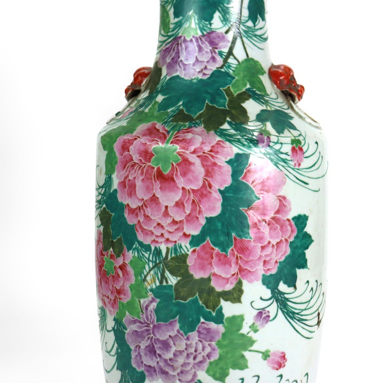 Antique Chinese Pottery Tall Vase With With Floral & Calligraphy c1890