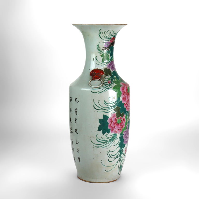 Antique Chinese Pottery Tall Vase With With Floral & Calligraphy c1890