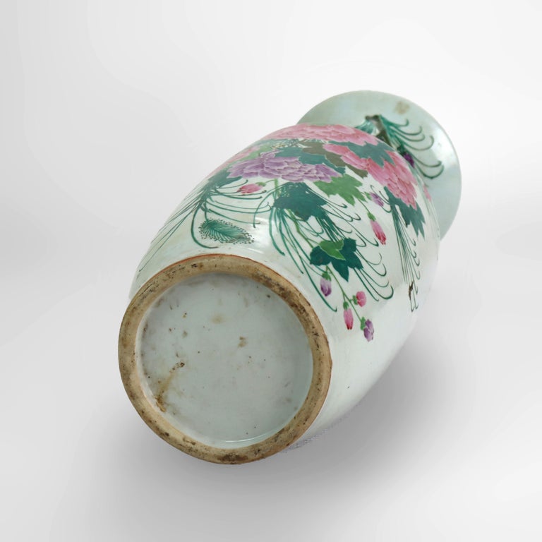 Antique Chinese Pottery Tall Vase With With Floral & Calligraphy c1890