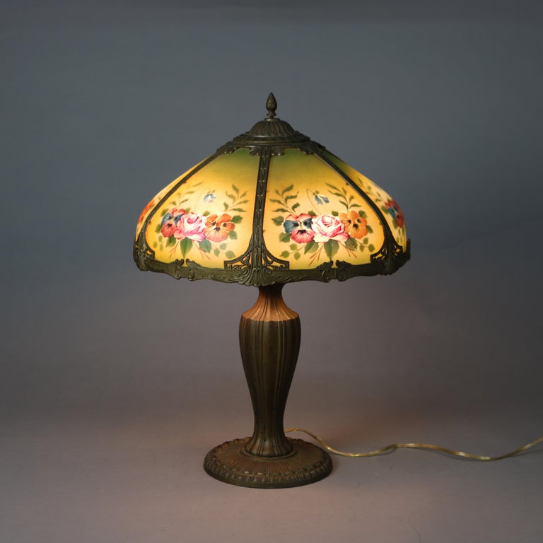 Antique Bradley & Hubbard Arts and Crafts Reverse Painted Floral Lamp Signed