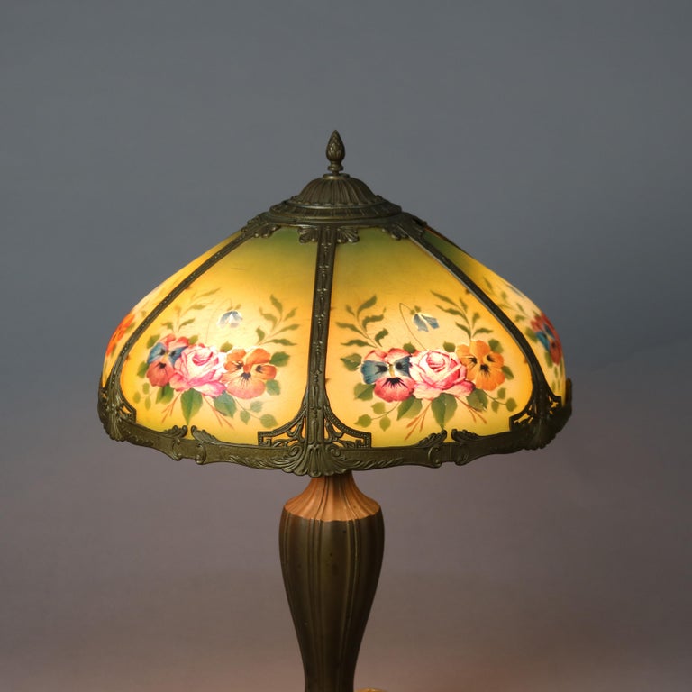 Antique Bradley & Hubbard Arts and Crafts Reverse Painted Floral Lamp Signed