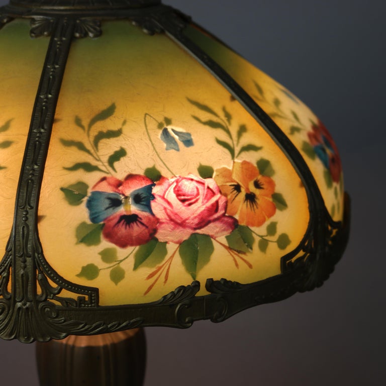 Antique Bradley & Hubbard Arts and Crafts Reverse Painted Floral Lamp Signed