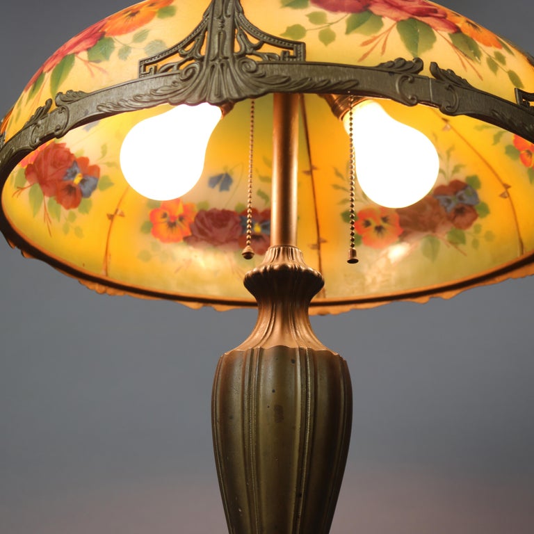 Antique Bradley & Hubbard Arts and Crafts Reverse Painted Floral Lamp Signed