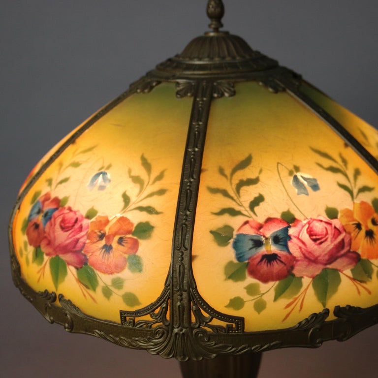 Antique Bradley & Hubbard Arts and Crafts Reverse Painted Floral Lamp Signed