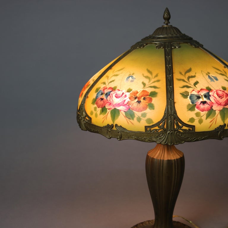 Antique Bradley & Hubbard Arts and Crafts Reverse Painted Floral Lamp Signed