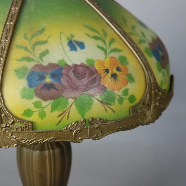 Antique Bradley & Hubbard Arts and Crafts Reverse Painted Floral Lamp Signed