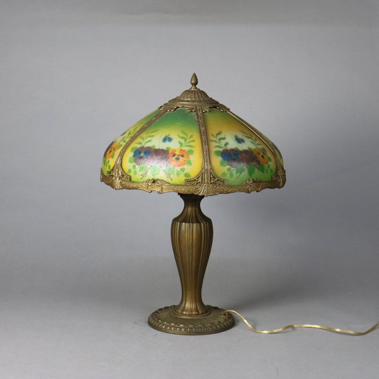 Antique Bradley & Hubbard Arts and Crafts Reverse Painted Floral Lamp Signed